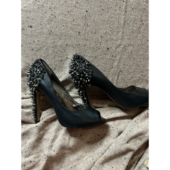 Sam Edelman Lorissa Black Leather Spiked Studded Open Toe Heels Women’s 7.5 - Picture 1 of 14